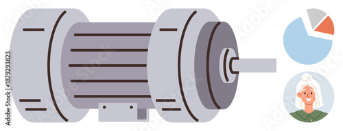 Industry, business analytics, workforce planning, data analysis, energy solutions, technology. Detailed electric motor, pie chart and worker profile. Industry and business analytics concepts