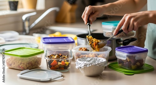 Person diligently preparing and portioning home-cooked meals into reusable containers, embracing healthy eating habits and efficient food storage for a well-organized kitchen