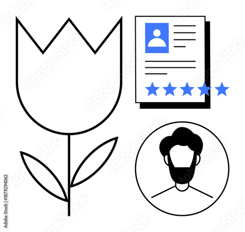 Vector design featuring a flower outline, profile icon, and five-star rated document. Ideal for branding, HR management, reviews, recruitment, personal profiles, design concepts and creative layouts