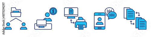 file management icon set. for digital documents. icon set contain files exchange, freelancer, printer, virtual assistant, file transfer. simple vector blue illustration.