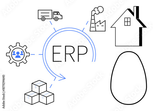 Business management, logistics, manufacturing, supply chain, technology, integration. Circle labeled ERP with icons of a factory, house truck cubes gear and egg. Logistics and supply chain