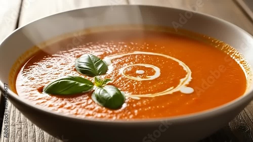 Delicious Tomato Soup Garnished with Fresh Basil and Cream Swirl.