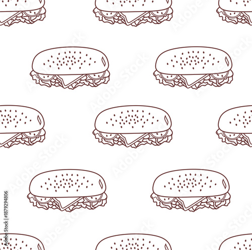 Sandwiches pattern background. Seamless pattern of hand-drawn sandwiches background. Doodle sandwichh pattern background. Sandwich slices illustration. Vector of sandwich outline background.