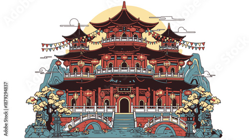 Vibrant Chinese Pagoda Illustration
