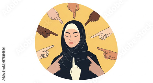 Young woman in hijab pointing at herself while being accused by many hands, depicting judgment and social pressure