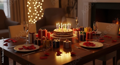 Celebratory birthday feast with illuminated cake and lavish gifts arranged on a table