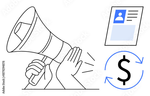 Marketing. A megaphone, user profile, and dollar symbol highlight key marketing strategies. Marketing tools drive business growth, enhance user engagement, and revenue strategies. Fits branding
