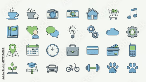 Collection of various icons representing different concepts and objects.
