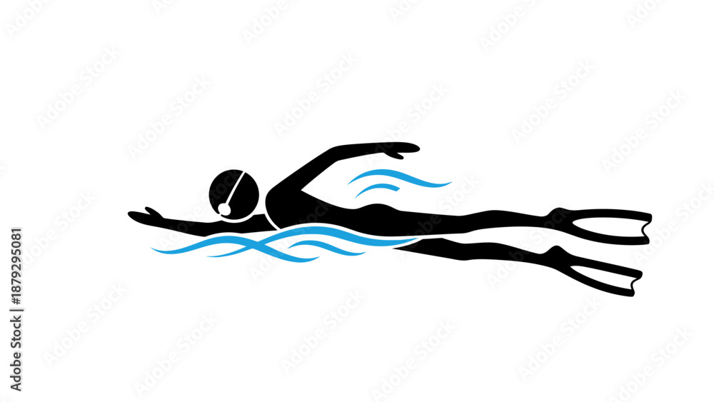 Fototapeta premium Silhouette of a Stick Figure Swimming Freestyle in Blue Water, Active and Determined