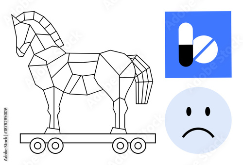 Cybersecurity concept. Trojan horse imagery highlights digital threats. Cybersecurity s protecting systems. Cybersecurity is crucial for healthcare, tech, digital safety, pharma, and apps
