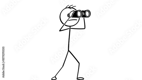 Stick Figure Looking Through Binoculars on an Isolated White Background, Observing and Exploring