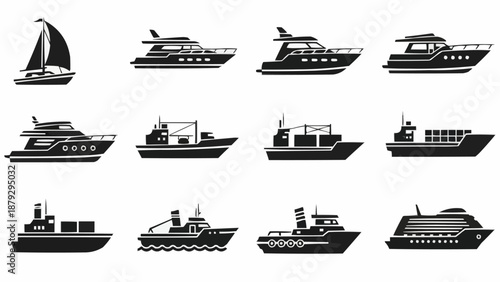 Collection of various boat and ship silhouettes for marine transport.