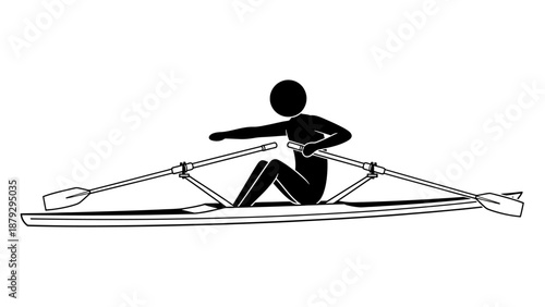 Silhouette of a Stick Figure Rowing a Scull in a Single Boat on an Isolated White Background, Determined Athlete
