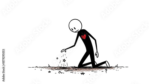Caring Stick Figure with a Heart Planting Seeds on an Isolated White Background, Nurturing Nature