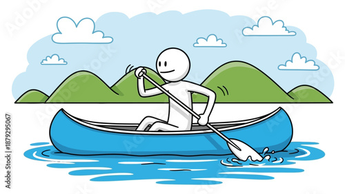 Happy Stick Figure Canoeing on a Lake with Green Hills and Clouds, Joyful Outdoor Activity