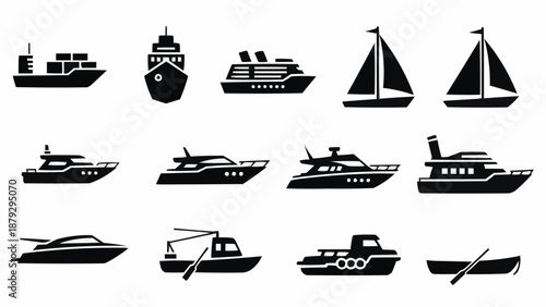 Collection of various boat and ship silhouettes isolated on white background.