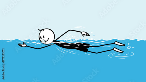 Happy Stick Figure Swimming Front Crawl in Blue Water, Cheerful and Active