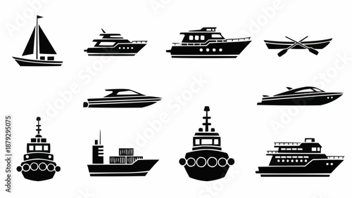 Collection of various boat and ship silhouettes isolated on white background.