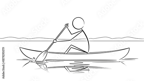 Stick Figure Man Peacefully Rowing a Boat on Water with Oar, Engaging in Outdoor Activity.