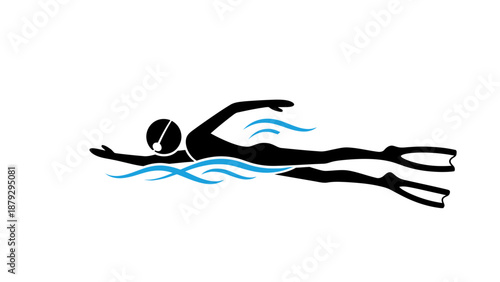 Silhouette of a Stick Figure Swimming Freestyle in Blue Water, Active and Determined