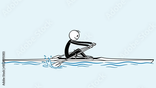 Stick Figure Rowing a Boat on Calm Water with a Light Blue Background, Peaceful and Active