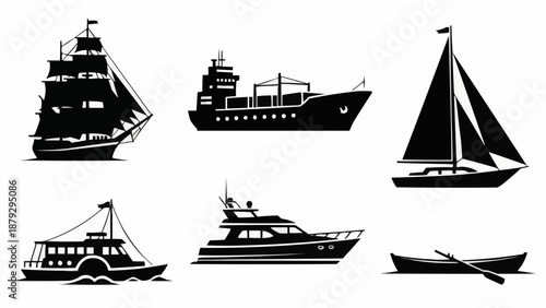 Collection of various boat and ship silhouettes.