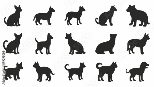 Collection of various dog and cat silhouettes in different poses.