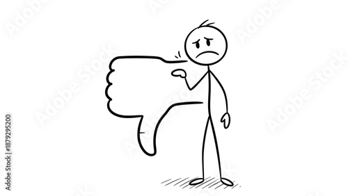 Upset Stick Figure Man Reacting to Large Thumbs Down Symbol, Feeling Disappointed on Isolated White Background.