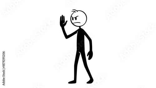 A determined black stick figure raising a hand to signal stop or warning, isolated white background