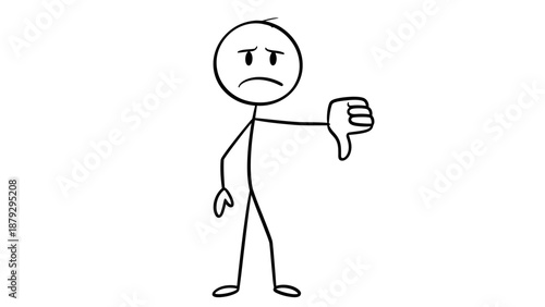 Sad Stick Figure Man Giving Thumbs Down Gesture, Expressing Disapproval on Isolated White Background.