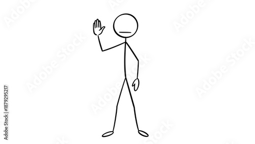 A stick figure with a raised hand, signaling a greeting or a stop gesture, isolated white background