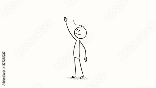 A curious stick figure raising hand and pointing up, asking a question or reaching for success, isolated white background