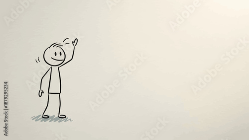 A happy stick figure waving and greeting in a bright studio, expressing friendliness and welcome