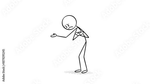 Sad Stick Figure Man Showing Regret and Depression, Isolated White Background.