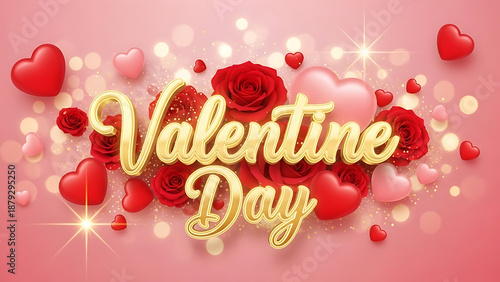 Valentine day with gold glittery text and flowers on pink