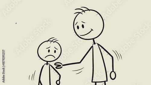 A caring stick figure comforting a sad person by patting their shoulder in a bright studio, showing empathy
