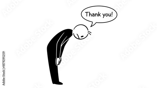 Silhouette Stick Figure Man Bowing Deeply Expressing Gratitude Saying Thank You on Isolated White Background