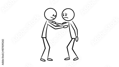 Two caring stick figures comforting a sad person in a bright studio, expressing empathy and support