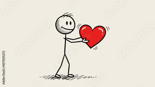 Happy Stick Figure Man Presenting Red Heart in Light Studio Background