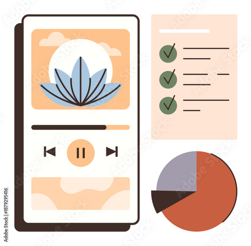 Self-care, wellness tracking, digital planning, productivity tools, mobile interface, data visualization. Smartphone with a lotus graphic, checklist pie chart. Self-care and wellness tracking