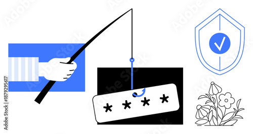 Phishing awareness, online security, data protection, cyber scams, identity theft, internet fraud. Fishing rod with password bait, shield with checkmark plant illustration. Phishing awareness