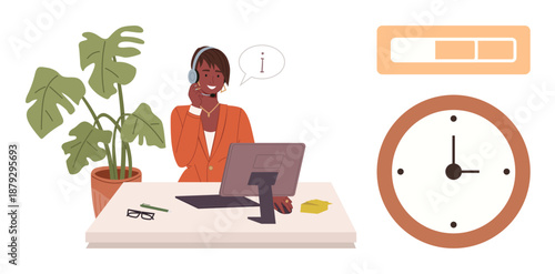 Customer support, communication, teamwork, office work, productivity, time management. A professional at a desk using a headset. Customer support and communication concepts