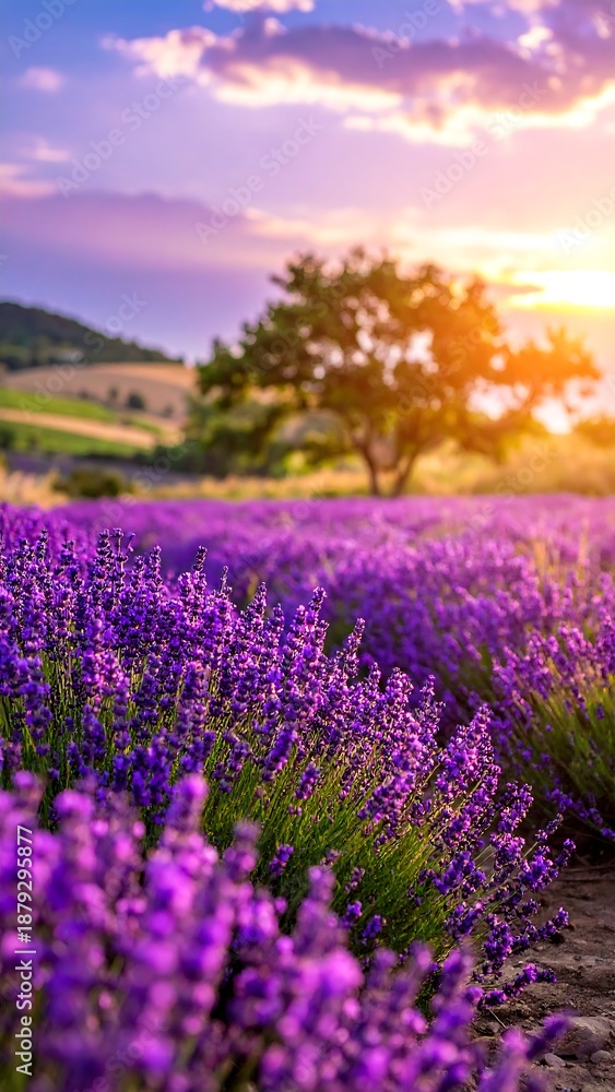 Obraz premium Lavender field at sunset with purple blooms and a silhouetted tree in the background
