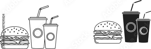 Black And White Vector Illustration Of Fast Food Featuring A Hamburger And Soda Cups With Straws In Simple Line Art And Solid Silhouette Styles