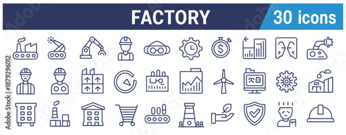 factory and manufacturing web icon set in linear style, including automation, industrial machines, production, warehouse, plants, editable stroke, workflow, technology, business, digital design.