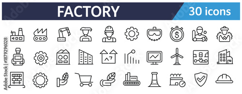 collection of factory and manufacturing icons in linear style,showing production, automation, warehouse, machines, plants, editable stroke, workflow, technology, equipment,layout,digital illustration.