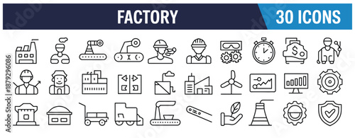linear factory and manufacturing icon set for web, including automation, production, industrial machines, plants, warehouse, editable stroke, workflow, technology, business process, digital design.