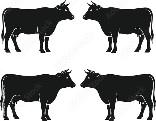 Black And White Vector Illustration Of Multiple Cow And Bull Silhouettes Featuring Dairy Cattle In Various Standing Poses For Farm Agriculture And Nature Design