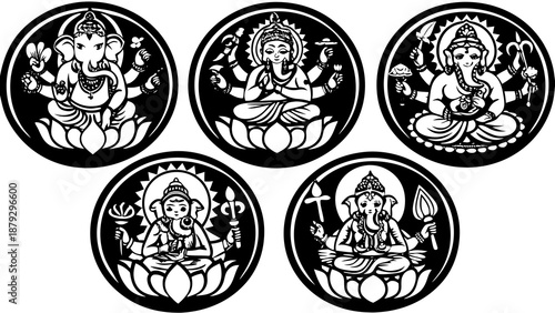 Detailed Ganesha Line Art Mandalas, Hindu Deity in Lotus Position Circular Illustrations