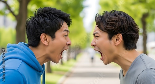 Heated Confrontation - Two Men Yelling at Each Other in Public.